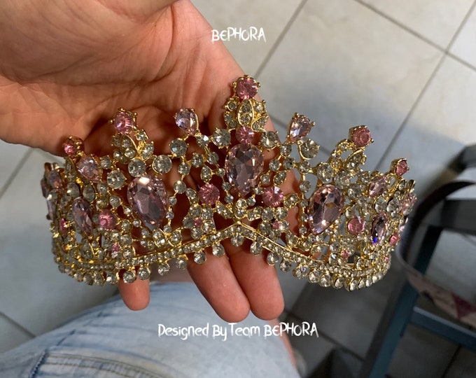 BEPHORA Handmade Crystal Pink Tiaras Crown Queen Pageant Crown Bridal Hair Jewelry Wedding Pageant Wedding Hair Accessories Accessories