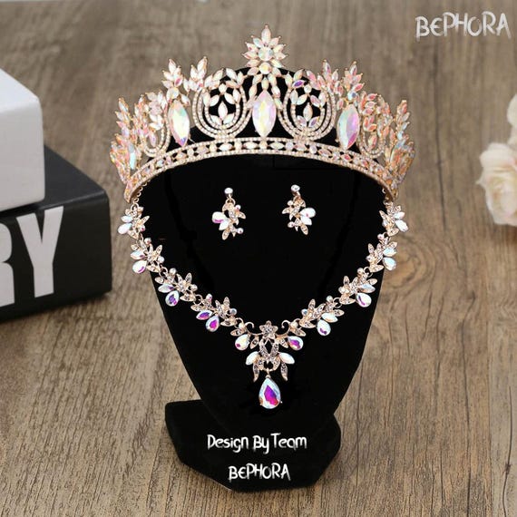 Iridescent Crystal Quinceanera Crown: Gold AB Wedding  display picture 1