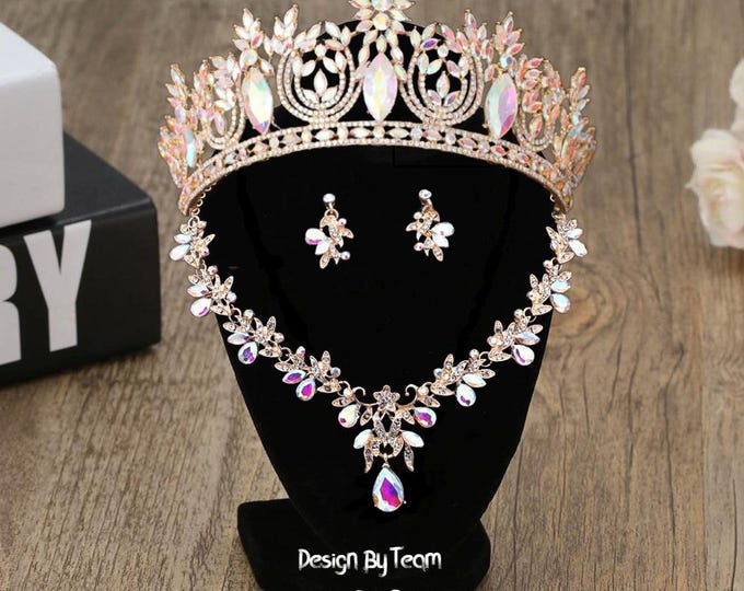 BePhora Iridescent NEW Gold AB Crystal Quinceanera Crown - Gold AB, Silver Quince Crown, Necklace, Earrings Wedding Headpiece Tiara Sweet 15
