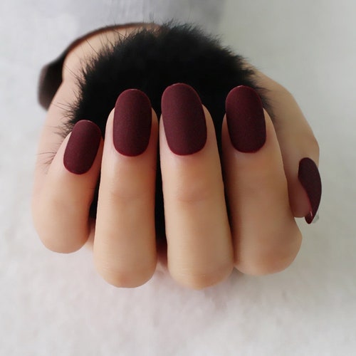 Wine Red Full Cover Matte Matte Nails Wine Red Matte Fake Etsy