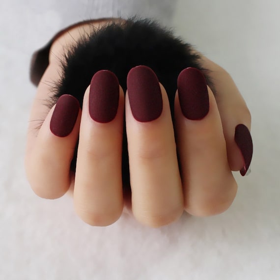 Wine Red full cover matte matte nails Wine Red matte fake | Etsy