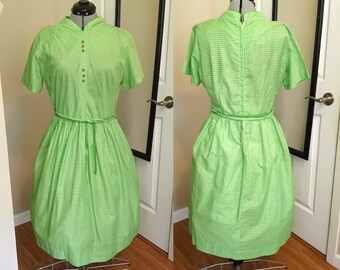 1960s Large Vintage Summer Dress, Green Gingham Sundress Union Made