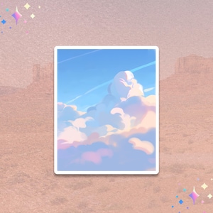 May include: A square sticker featuring a digital illustration of a bright blue sky filled with fluffy, voluminous clouds. The clouds are rendered in soft shades of white, pale pink, and light purple, with thin diagonal lines suggesting contrails.