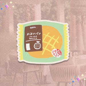 May include: A sticker of a package of melon bread. The package is light green with a yellow scalloped edge. The bread is yellow with a grid pattern. The package has Japanese text and a red sticker with Japanese text.