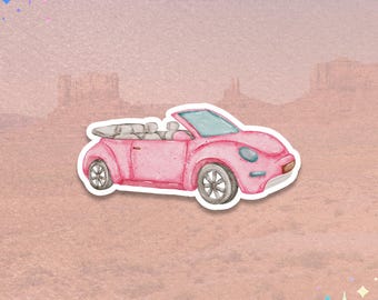 Pink Convertible Car Sticker | Vehicle Decal | Retro Beetle Style Graphic