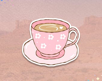 Pink Teacup Sticker | Coffee Cup Decal | Floral Mug Graphic