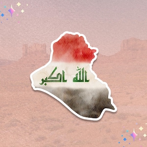 May include: A sticker in the shape of Iraq, featuring a watercolor design. The top portion is red, transitioning to white and then a dark brown at the bottom. Green Arabic text is centered on the white section.