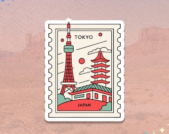 Tokyo Japan Travel Sticker | Minimalist Tokyo Tower & Pagoda Postcard Style Decal