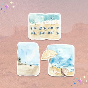 Summer Beach Sticker Set, Boho Beach Sticker, Ocean Beach Sticker, Watercolor Beach Stickers Set, Surfer Beach Sticker, Umbrella Beach