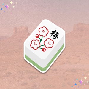 May include: A white Mahjong tile with a green border, featuring a branch with three red-outlined white flowers and red berries. The tile also has a black Chinese character. The background is a gradient of pink and brown.