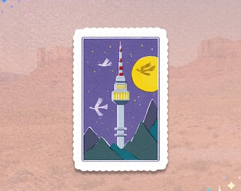 Seoul South Korea Sticker | N Seoul Tower | Night Travel Stamp Vinyl Sticker