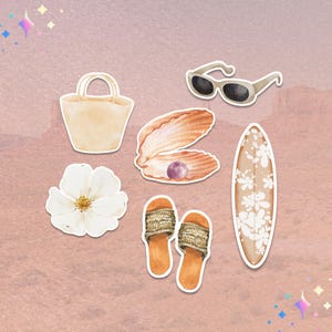Aesthetic Tropical Beach Sticker Set, Watercolor Beach Stickers, Beach Flower Stickers, Hawaii Surf Beach Sticker Set, Hawaii Sticker Set