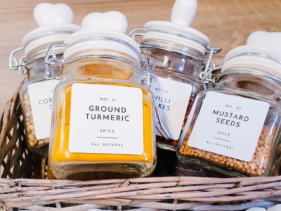 Modern Spice Labels - Durable Oil / Waterproof White Matt Labels - Rectangular, Round & Square