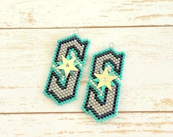 Seattle Baseball Inspired Beaded Earrings | Turquoise Statement Earrings | Handmade Game Day Jewelry | Boho Earrings | Baseball Fan Gift