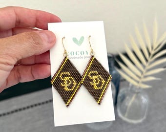 San Diego Baseball Beaded Earrings, Brown Gold Diamond Shape, Game Day Fan Jewelry