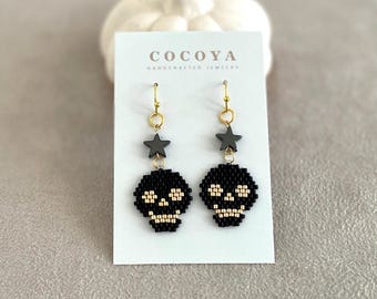 Black Skull Dangle Earrings: Handcrafted Beaded Halloween Jewelry