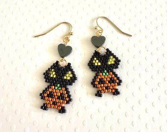Black Cat Pumpkin Beaded Earrings | Handmade Halloween Cat Earrings | Cute Spooky Jewelry | Miyuki Bead Earrings | Gift for Cat Lover