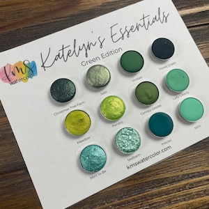 Katelyn’s Essentials: Green Edition / Paleta de acuarela / 12 colores / Mate y brillante / Pintura de acuarela hecha a mano / Acuarela KMS