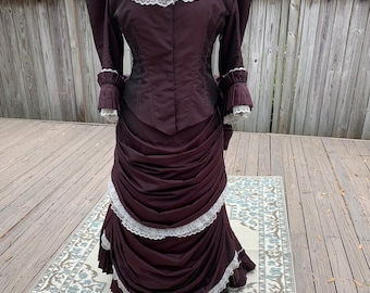 Period piece China silk 1880s bustle dress. Dark Plum. Ball Gown