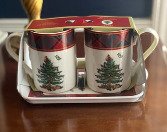 Spode CHRISTMAS TREE TARTAN 3 Piece Mug and Tray Set