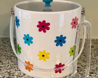 Vintage Vinyl Ice Bucket with Tongs Floral