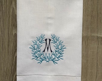 Monogram Coral design tea towel with hemstitch