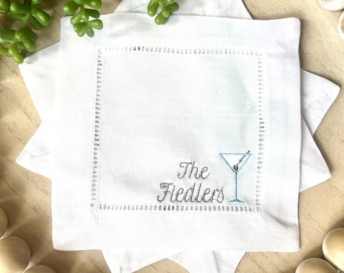 Hemstitch Linen Cocktail Napkins with Martini Glass and Personalization| Embroidered Cocktail Napkins | Set of 4 | Waterside Linen Co