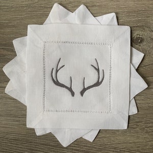 Hemstitch Linen Cocktail Napkins with Antlers | Monogram Embroidered Napkins | Waterside Linen Co