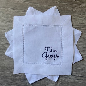 Hemstitch Linen Cocktail Napkins with Last Name | Embroidered Cocktail Napkins | Set of 4 | Waterside Linen Co