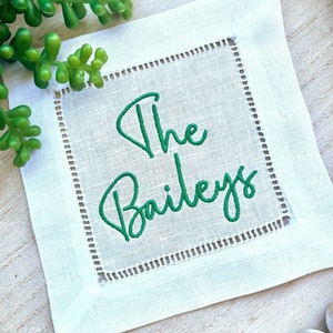 Embroidered Linen Cocktail Napkins with Last Name | Linen Personalized Cocktail Napkins | Wedding or Hostess Gift | Waterside Linen Co
