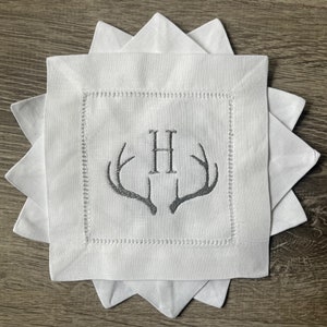 Antler Cocktail Napkins with Monogram | Embroidered Linen Coctail Napkins | Custom Bar Napkins | Waterside Linen Co