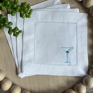 Hemstitch Linen Cocktail Napkins with Martini Glass | Embroidered Cocktail Napkins | Set of 4 | Waterside Linen Co