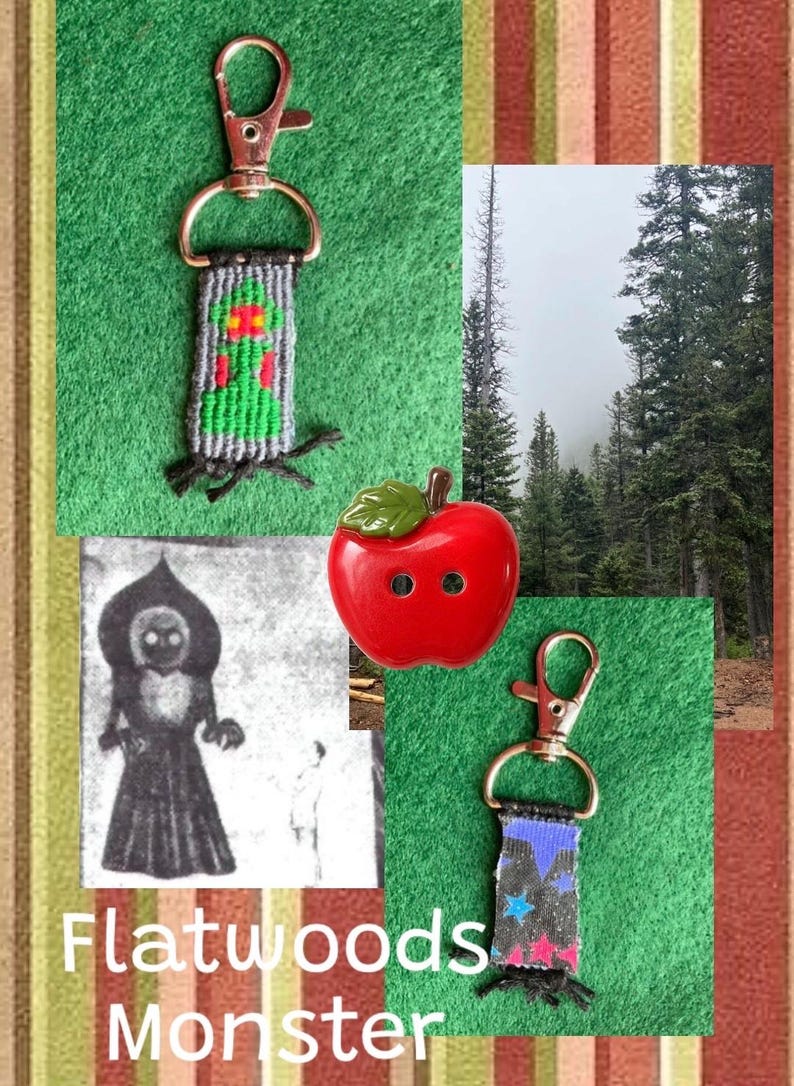 Puede incluir: Dos llaveros tejidos con cierres de mosquet&oacute;n de metal, uno con una figura alien&iacute;gena verde y el otro con un fondo negro con estrellas azules y rosas. Un bot&oacute;n rojo brillante en forma de manzana con una hoja verde y el texto Flatwoods Monster.