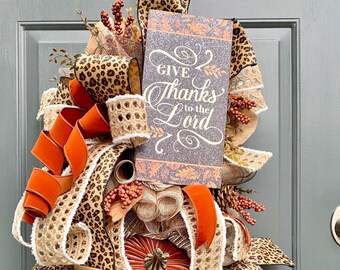 Thanksgiving Swag: Velvet Pumpkins, Leopard Ribbon, Autumn Holiday Wreath