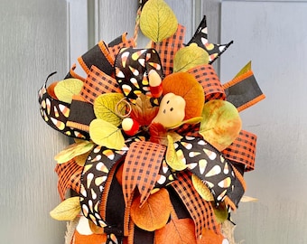 Halloween Decor, Candy Corn Burlap Decor, Fall Whimsical Decor, Burlap Door Hanger-Autumn Decor, Unique Door Decor, Rustic Decor, Gift
