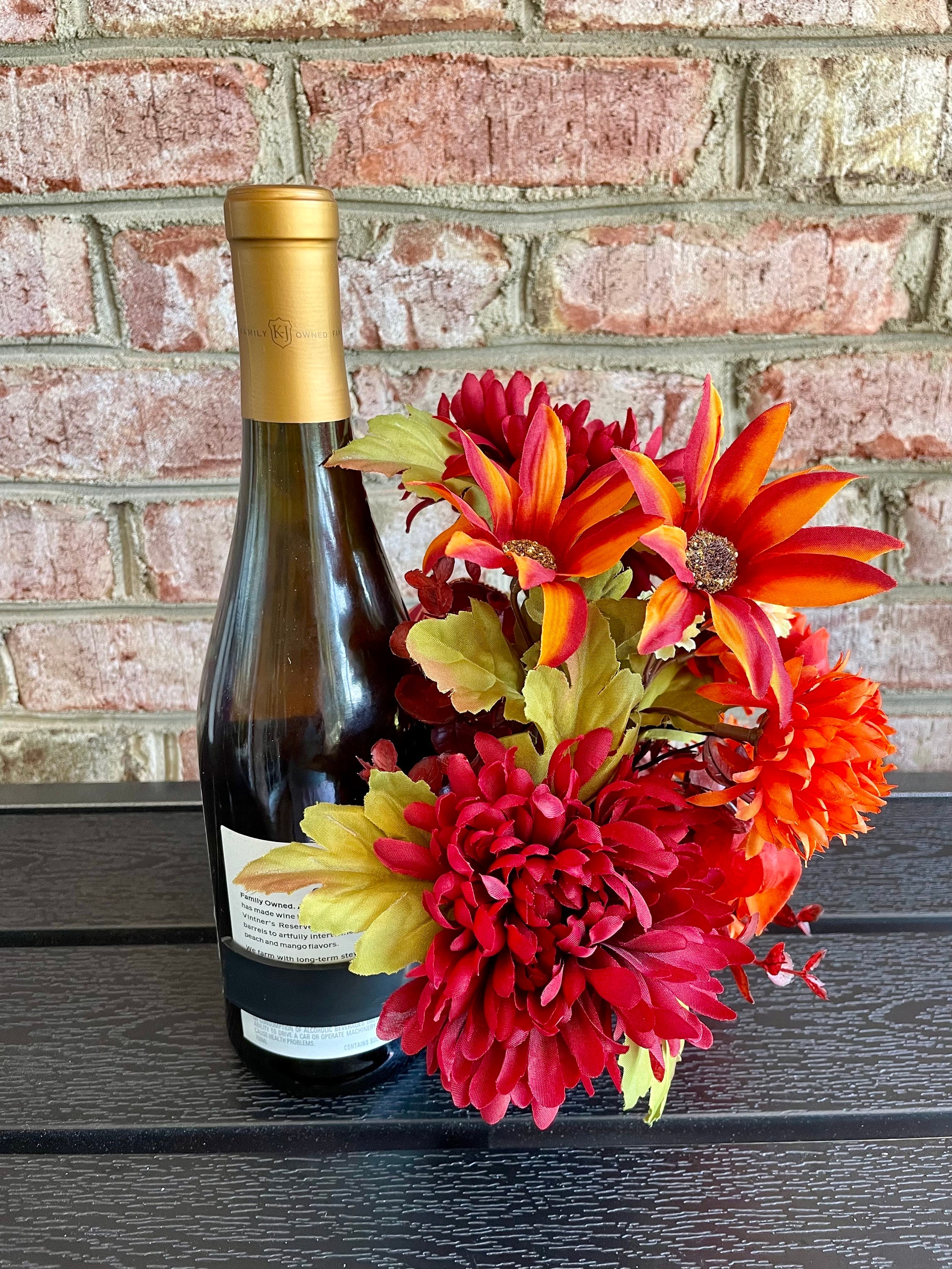 Floral Wine Bottle Bouquet: Maroon Dahlias, Bar Centerpiece