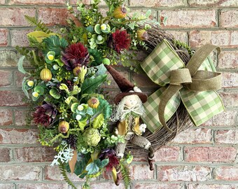 Fairy Elf Fall Wreath: Succulents, Artichoke, Buffalo Plaid