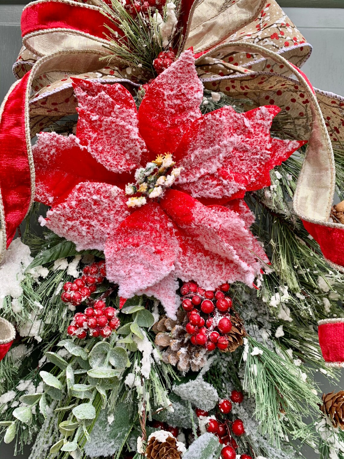 Christmas red Poinsettia swag-front door swag-Christmas | Etsy