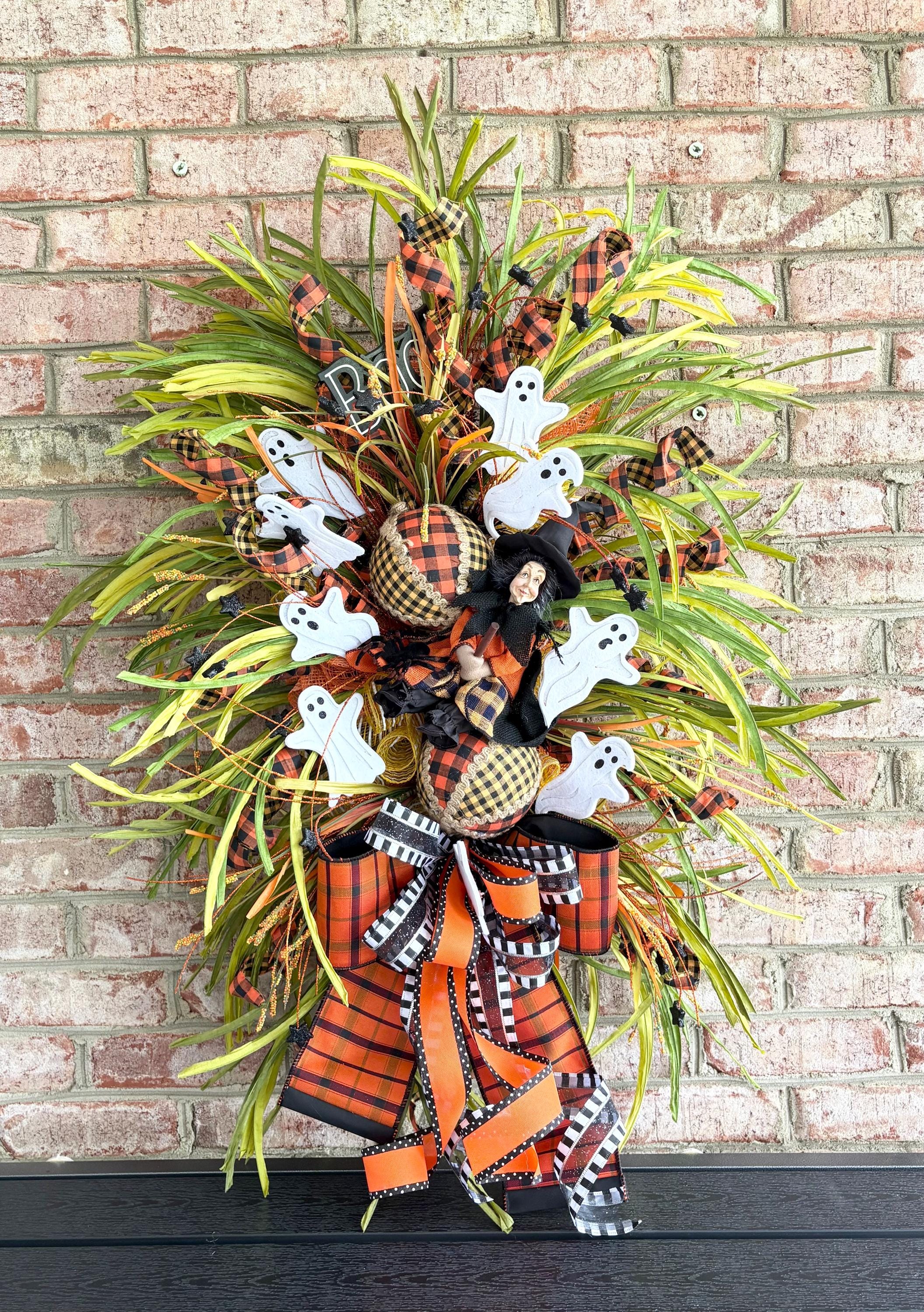 Halloween XL Witch Swag, Ghost Wreath, Spooky Witch Decor, Halloween Buffalo Plaid Wreath, Autumn Wreath
