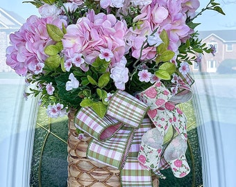 Deluxe Pink Hydrangea Basket for Front Door, Mothers Day Gift, Housewarming Gift, Gify for her, Wall Basket Decor, SpringWreath, Summer