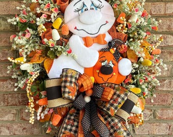 Halloween XL Wreath, Handmade Ghost Wreath attachment, Halloween Decor, Jack-o’-lantern Wreath, Autumn Wreath, Porch Decor, Farmhouse Decor