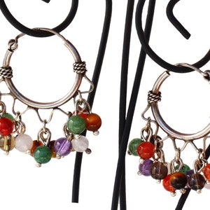 Vintage Silver Multi-Stone Hoop Earrings