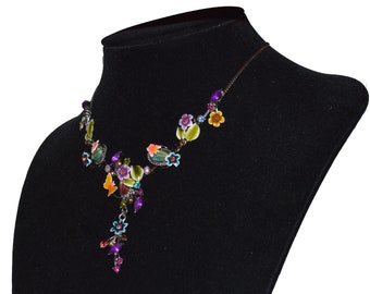 Vintage Enamel Flower And Butterfly Statement Necklace