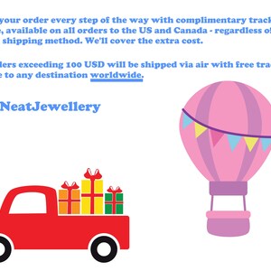 May include: A red truck carries wrapped gifts, with a pink hot air balloon in the background. The image includes the text "MaxNeatJewellery". The text also mentions tracking services.