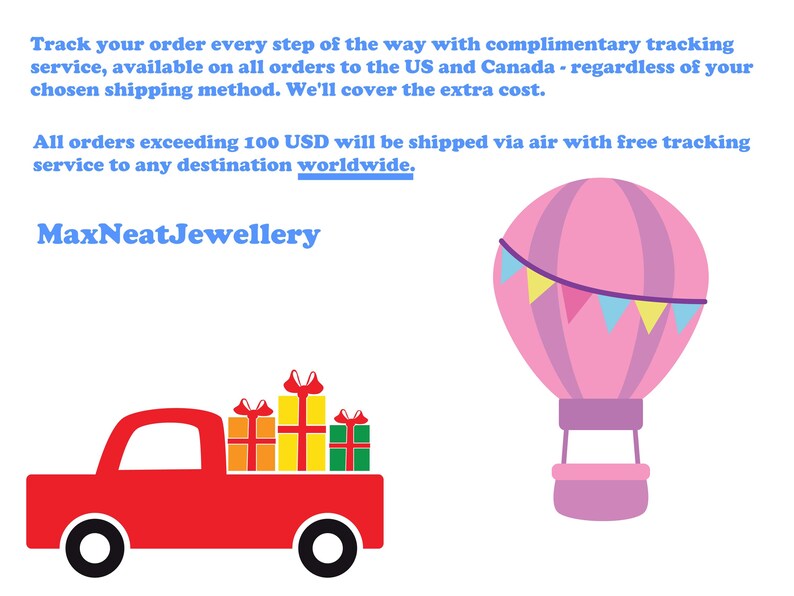 May include: A red truck carries wrapped gifts, with a pink hot air balloon in the background. The image includes the text "MaxNeatJewellery". The text also mentions tracking services.