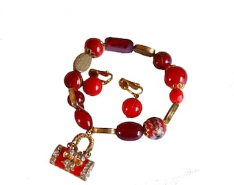 Red Lampwork Beaded Stretch Bracelet / Purse Themed Beaded Charm Bracelet