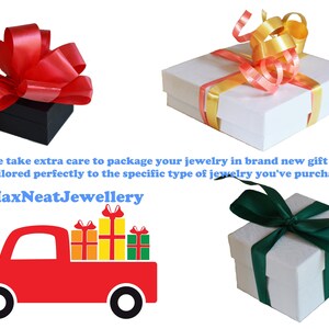 May include: An image showcasing gift boxes with colorful ribbons. A black box with a red bow, a white box with a yellow and pink bow, and a white box with a green ribbon. A red truck graphic with gift boxes in the bed and the text "MaxNeatJewellery".