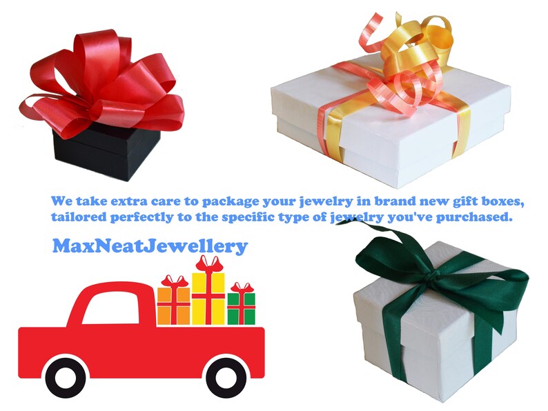 May include: An image showcasing gift boxes with colorful ribbons. A black box with a red bow, a white box with a yellow and pink bow, and a white box with a green ribbon. A red truck graphic with gift boxes in the bed and the text "MaxNeatJewellery".