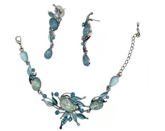 Vintage Faux Opal And Enamel Floral Link Bracelet And Earrings Set  - Final Price (Duty Covered)