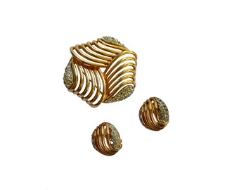 Vintage Trifari Gold Tone Brooch and Clip-On Earrings Set, Rhinestone Adorned, Duty Covered